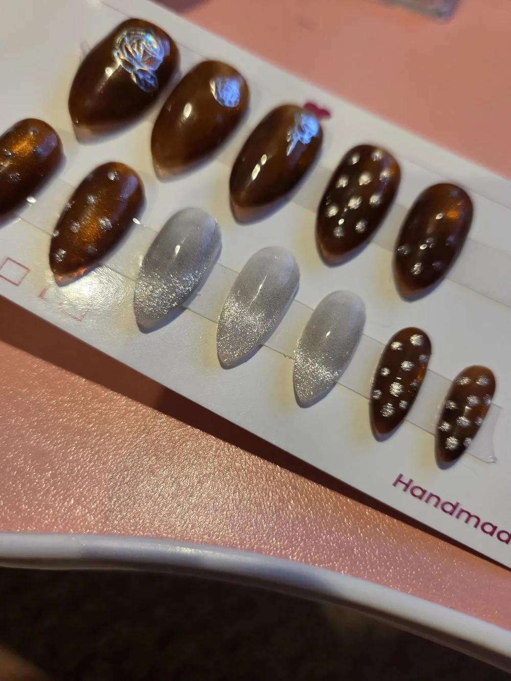 Handmade Amber and Silver Cat Eye Press-On Nail Set - Floral Accent